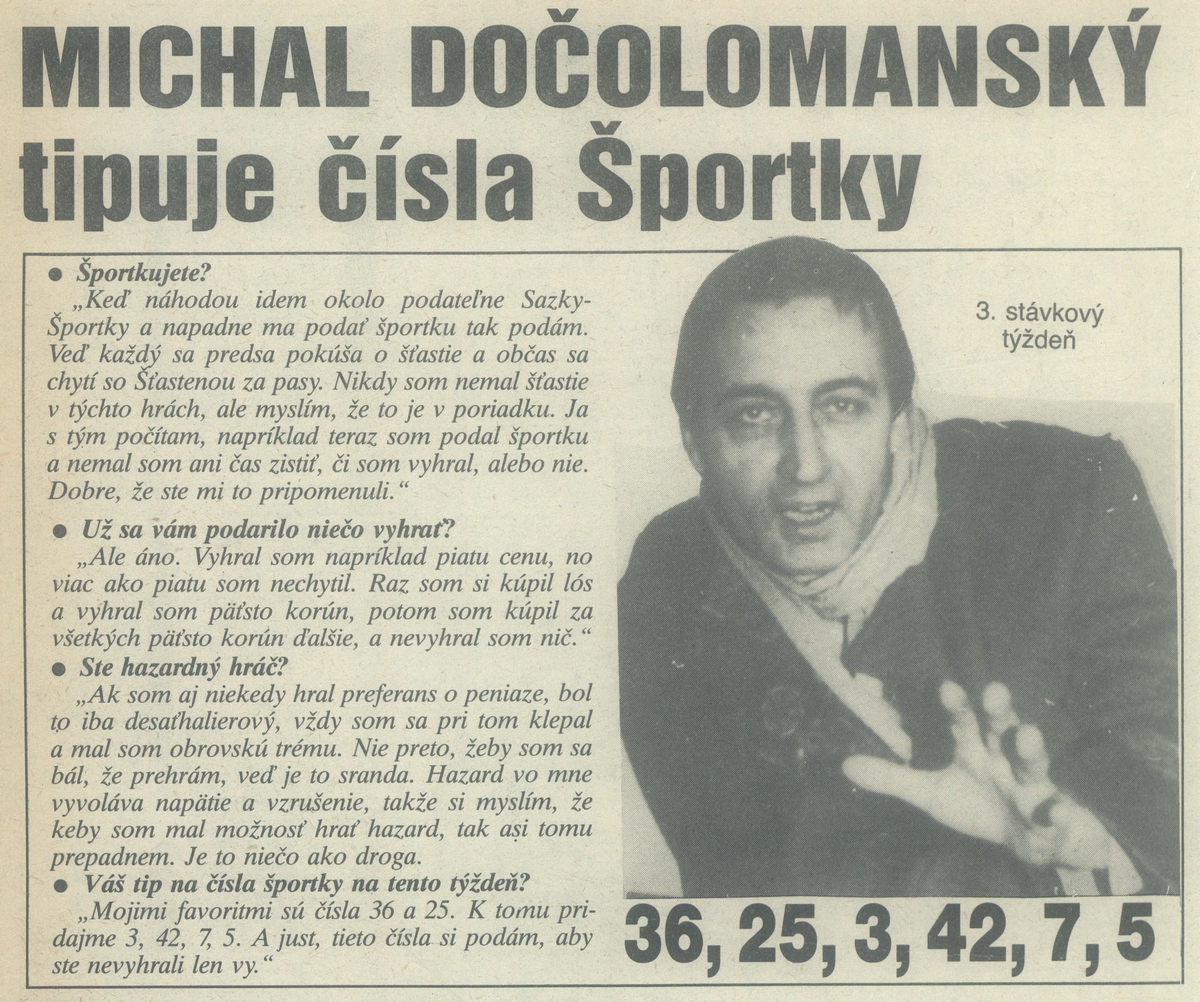 Michal Dočolomanský tipuje čísla Športky, časopis Zmena. 1990. Univerzitná knižnica v Bratislave